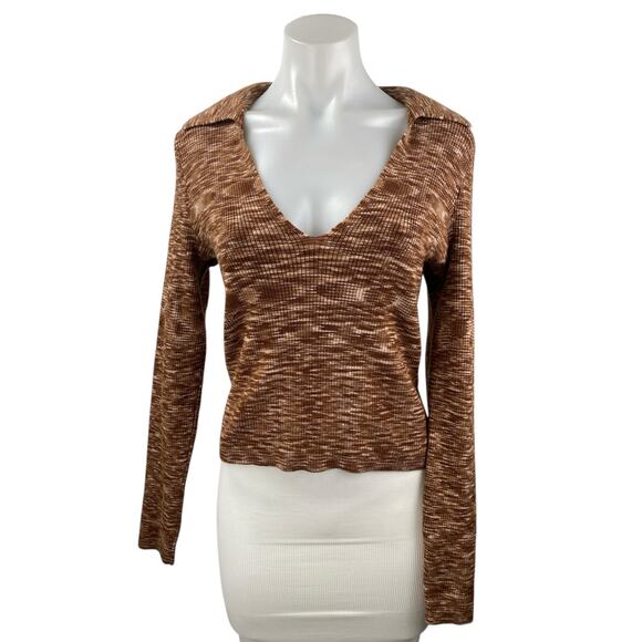 NEW Abercrombie & Fitch Brown Space Dye V Neck Long Sleeve Rib Knit Polo Top L - Picture 1 of 5